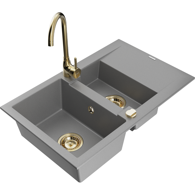 Mexen Gaspar Granitspüle 1,5-Becken mit Abtropffläche und Küchenarmatur Telma, grau - 6507-71-670200-50