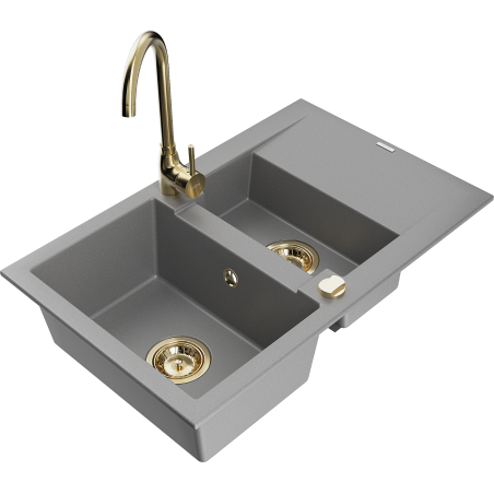 Mexen Gaspar Granitspüle 1,5-Becken mit Abtropffläche und Küchenarmatur Telma, grau - 6507-71-670200-50