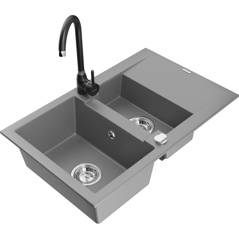 Mexen Gaspar granitspüle 1,5-becken mit abtropffläche und küchenarmatur Telma, grau - 6507-71-670200-70