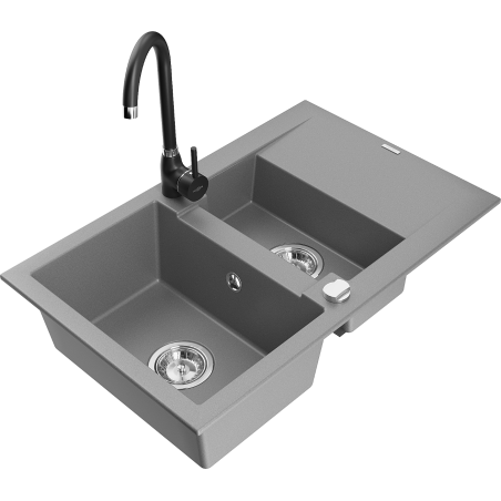 Mexen Gaspar granitspüle 1,5-becken mit abtropffläche und küchenarmatur Telma, grau - 6507-71-670200-70