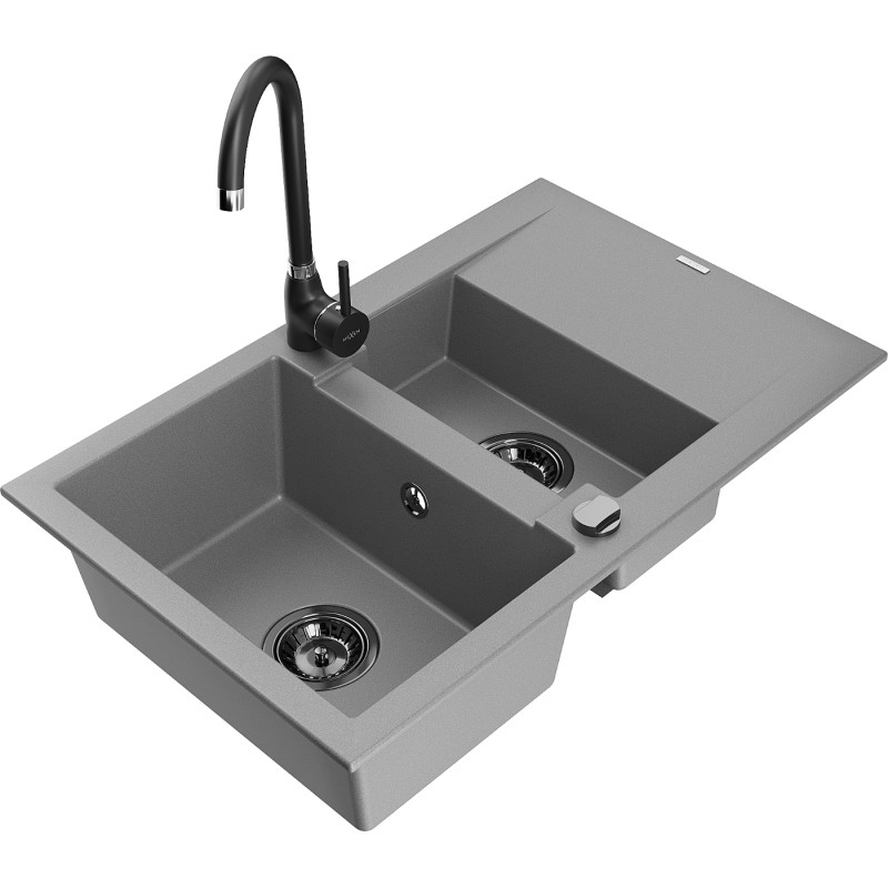 Mexen Gaspar Granitspüle 1,5-Becken mit Abtropffläche und Küchenarmatur Telma, grau - 6507-71-670200-70-B