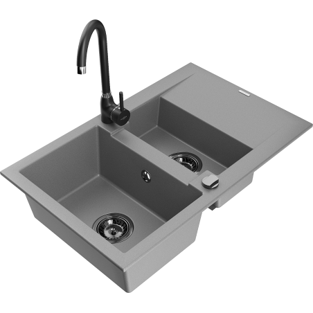 Mexen Gaspar Granitspüle 1,5-Becken mit Abtropffläche und Küchenarmatur Telma, grau - 6507-71-670200-70-B
