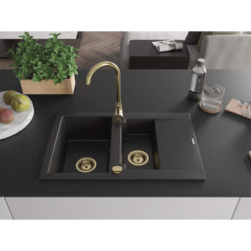 Mexen Gaspar Granitspüle 1,5-Kammer mit Abtropffläche und Küchenarmatur Telma, schwarz/silber - 6507-73-670200-50
