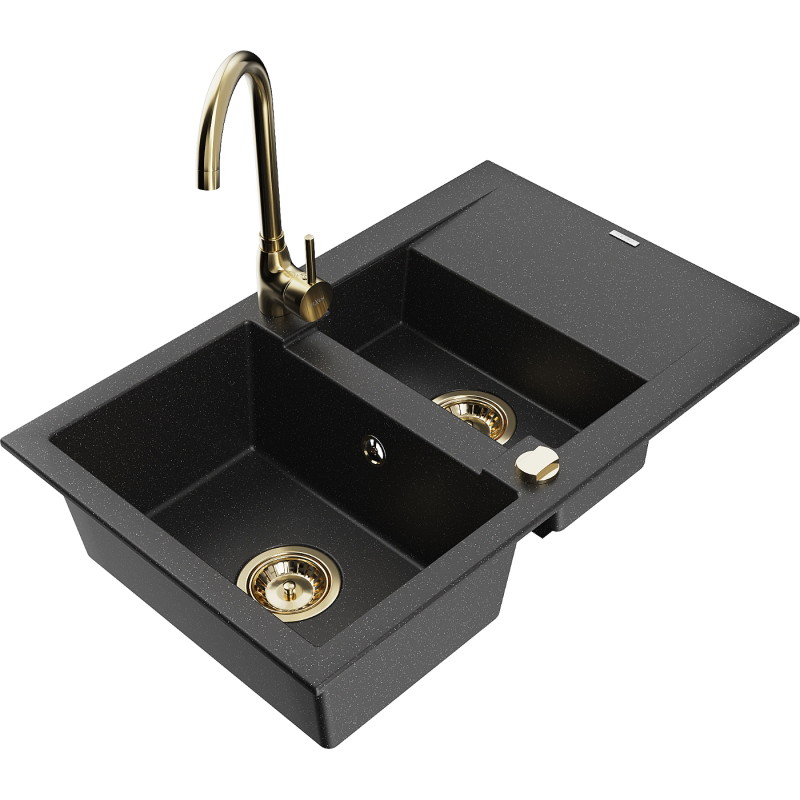 Mexen Gaspar Granitspüle 1,5 Becken mit Abtropffläche und Küchenarmatur Telma, schwarz/silber - 6507-73-670200-50