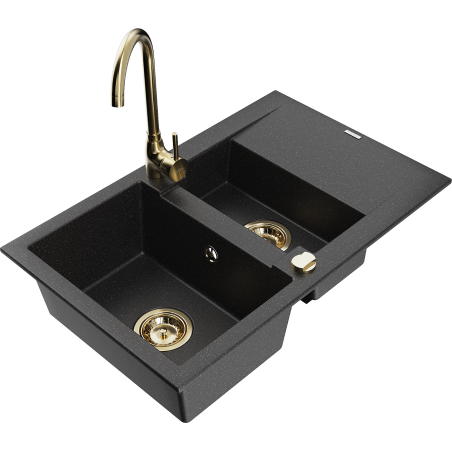 Mexen Gaspar Granitspüle 1,5-Kammer mit Abtropffläche und Küchenarmatur Telma, schwarz/silber - 6507-73-670200-50