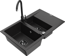 Mexen Gaspar Granitspüle 1,5-Becken mit Abtropffläche und Küchenarmatur Telma, schwarz/silber - 6507-73-670200-70-B