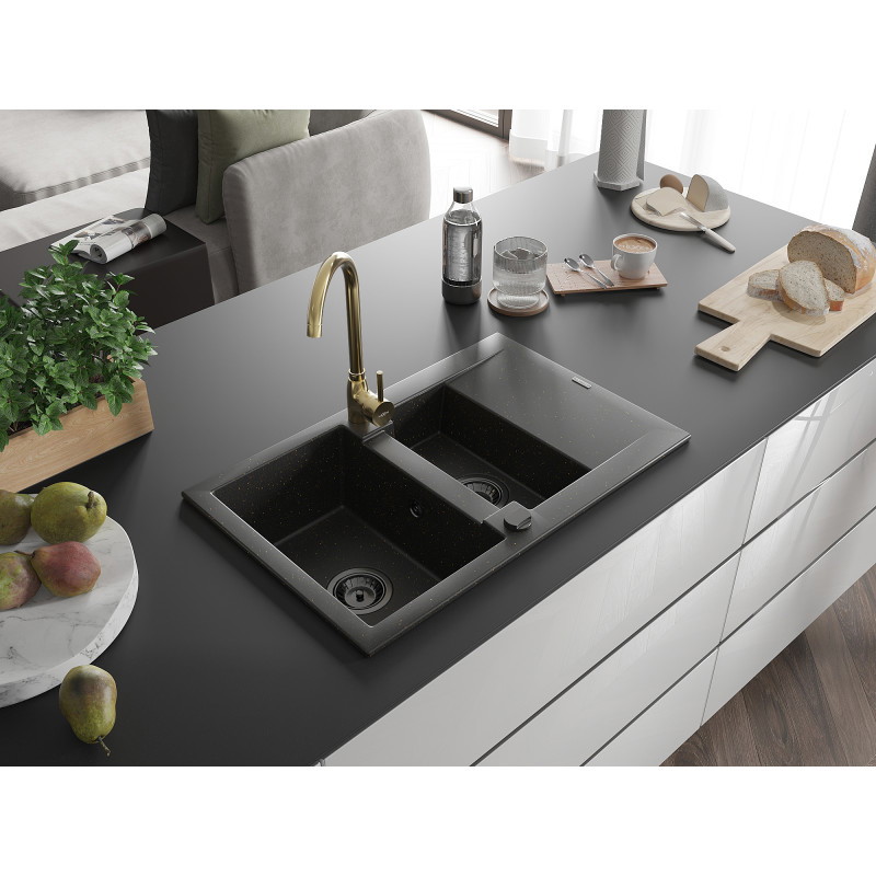 Mexen Gaspar Granitspüle 1,5-Becken mit Abtropffläche und Küchenarmatur Telma, Schwarz/Gold - 6507-75-670200-50-B