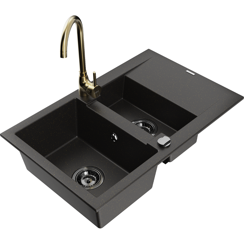 Mexen Gaspar Granitspüle 1,5-Becken mit Abtropffläche und Küchenarmatur Telma, Schwarz/Gold - 6507-75-670200-50-B