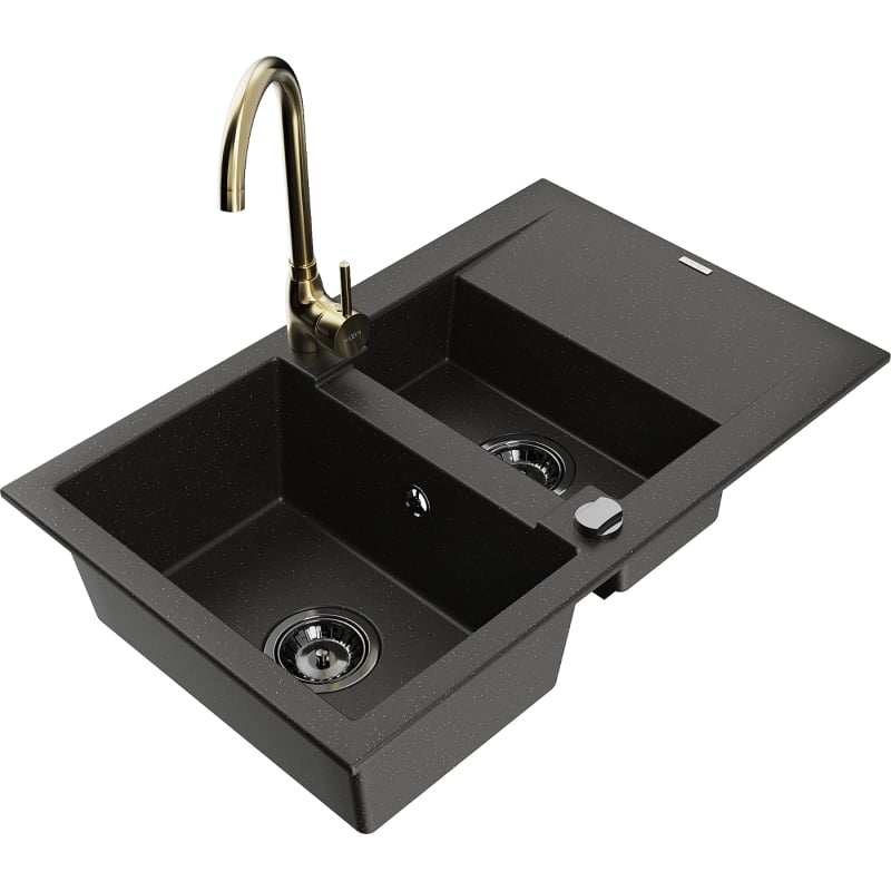 Mexen Gaspar Granitspüle 1,5-beckig mit Abtropffläche und Küchenarmatur Telma, schwarz/gold - 6507-75-670200-50-B