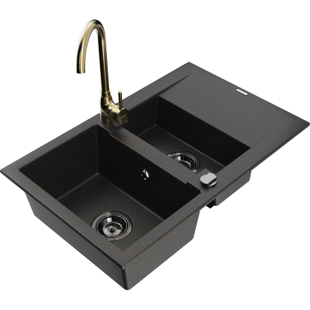 Mexen Gaspar Granitspüle 1,5-Becken mit Abtropffläche und Küchenarmatur Telma, Schwarz/Gold - 6507-75-670200-50-B