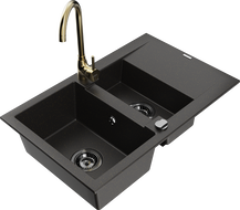 Mexen Gaspar Granitspüle 1,5-Becken mit Abtropffläche und Küchenarmatur Telma, Schwarz/Gold - 6507-75-670200-50-B