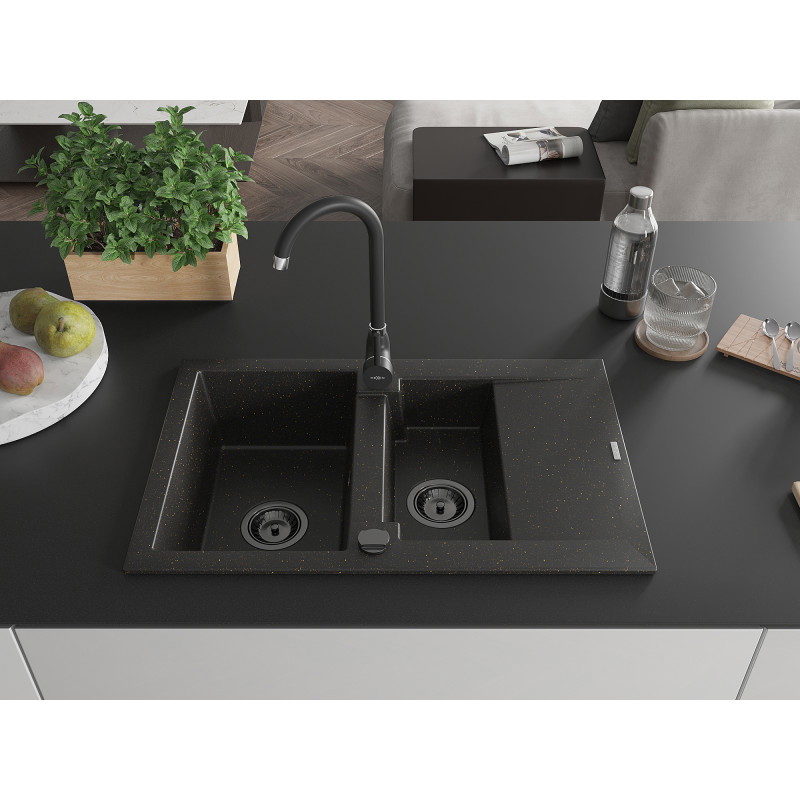 Mexen Gaspar Granitspüle 1,5-fach mit Abtropffläche und Küchenarmatur Telma, Schwarz/Gold - 6507-75-670200-70-B