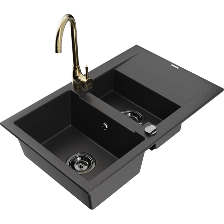 Mexen Gaspar granitspüle 1,5-fach mit abtropffläche und Küchenarmatur Telma, schwarz - 6507-77-670200-50-B