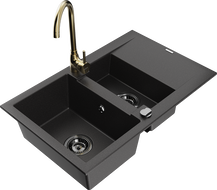 Mexen Gaspar Granitspüle 1,5-Becken mit Abtropffläche und Küchenarmatur Telma, schwarz - 6507-77-670200-50-B