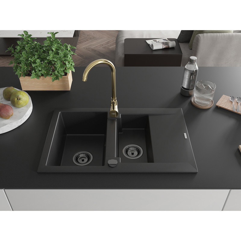 Mexen Gaspar Granitspüle 1,5-Becken mit Abtropffläche und Küchenarmatur Telma, schwarz - 6507-77-670200-50-B