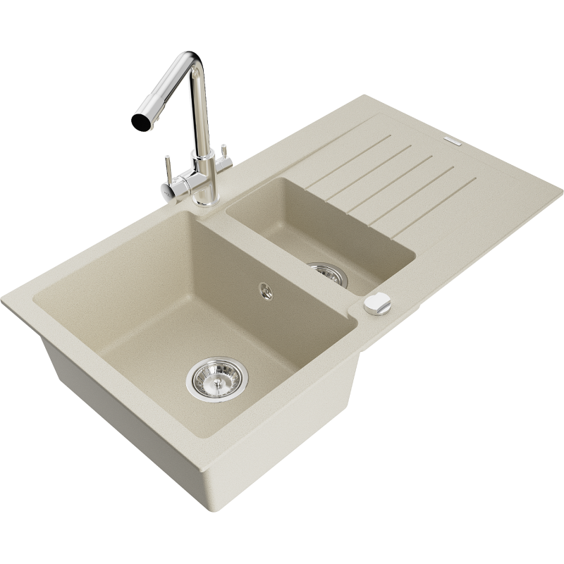 Mexen Matias Granitspüle 1,5 Becken mit Abtropffläche und Küchenarmatur Duero, beige - 6502-69-671600-00