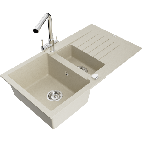 Mexen Matias Granitspüle 1,5 Becken mit Abtropffläche und Küchenarmatur Duero, beige - 6502-69-671600-00