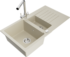 Mexen Matias Granitspüle 1,5 Becken mit Abtropffläche und Küchenarmatur Duero, beige - 6502-69-671600-00