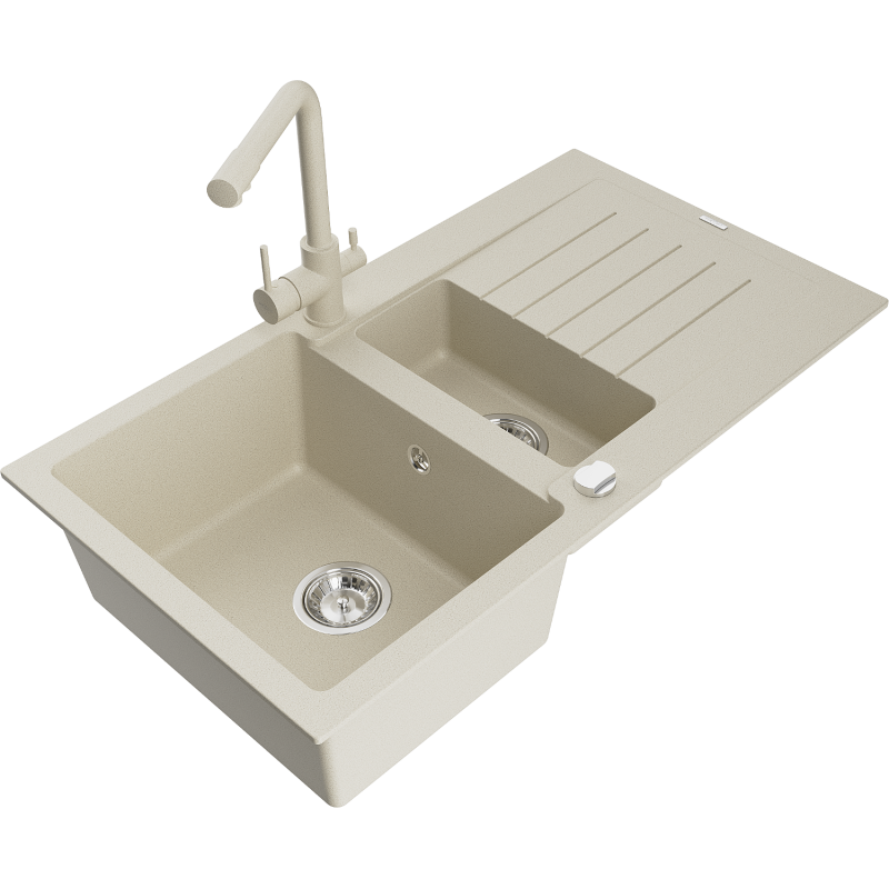 Mexen Matias Granitspüle 1,5-becken mit Abtropffläche und Küchenarmatur Duero, beige - 6502-69-671600-69
