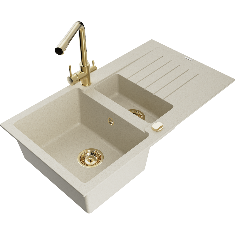 Mexen Matias Granitspüle 1,5-fach mit Abtropffläche und Küchenarmatur Duero, beige - 6502-69-671600-50