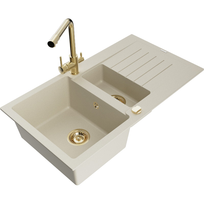 Mexen Matias granitspüle 1,5-kammerig mit Abtropffläche und Küchenarmatur Duero, beige - 6502-69-671600-50