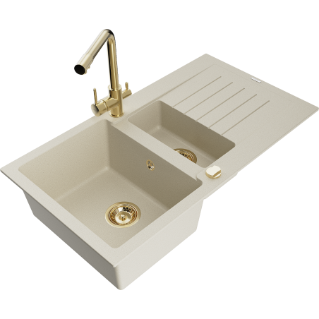 Mexen Matias Granitspüle 1,5-fach mit Abtropffläche und Küchenarmatur Duero, beige - 6502-69-671600-50