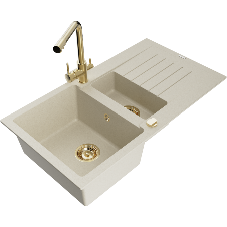 Mexen Matias granitspüle mit 1,5 Becken, Abtropffläche und Küchenarmatur Duero, beige - 6502-69-671600-50