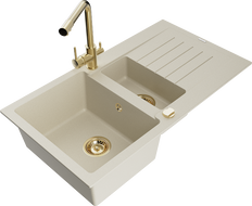 Mexen Matias Granitspüle 1,5-fach mit Abtropffläche und Küchenarmatur Duero, beige - 6502-69-671600-50