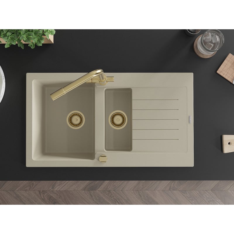 Mexen Matias Granitspüle 1,5-fach mit Abtropffläche und Küchenarmatur Duero, beige - 6502-69-671600-50