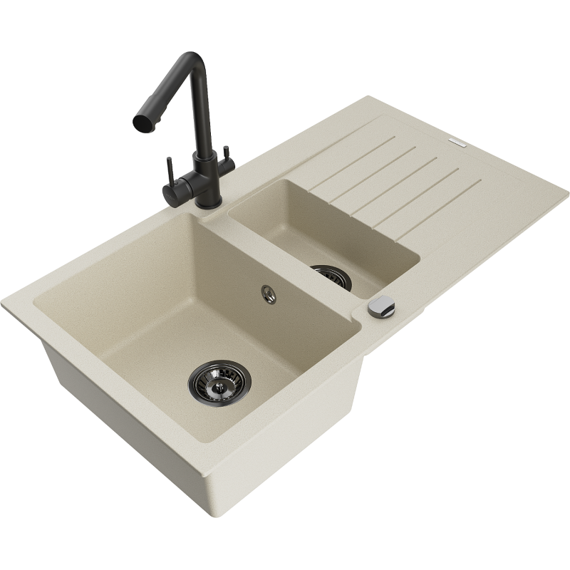 Mexen Matias Granitspüle 1,5-beckig mit Abtropffläche und Küchenarmatur Duero, beige - 6502-69-671600-70