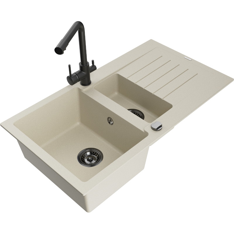 Mexen Matias Granitspüle mit 1,5 Becken, Abtropffläche und Küchenarmatur Duero, beige - 6502-69-671600-70