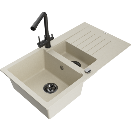 Mexen Matias Granitspüle 1,5-beckig mit Abtropffläche und Küchenarmatur Duero, beige - 6502-69-671600-70