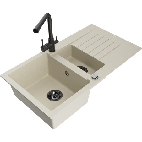 Mexen Matias Granitspüle mit 1,5 Becken, Abtropffläche und Küchenarmatur Duero, beige - 6502-69-671600-70