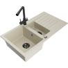 Mexen Matias Granitspüle mit 1,5 Becken, Abtropffläche und Küchenarmatur Duero, beige - 6502-69-671600-70
