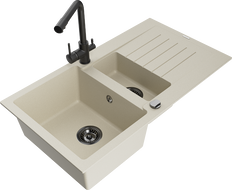 Mexen Matias Granitspüle 1,5-beckig mit Abtropffläche und Küchenarmatur Duero, beige - 6502-69-671600-70