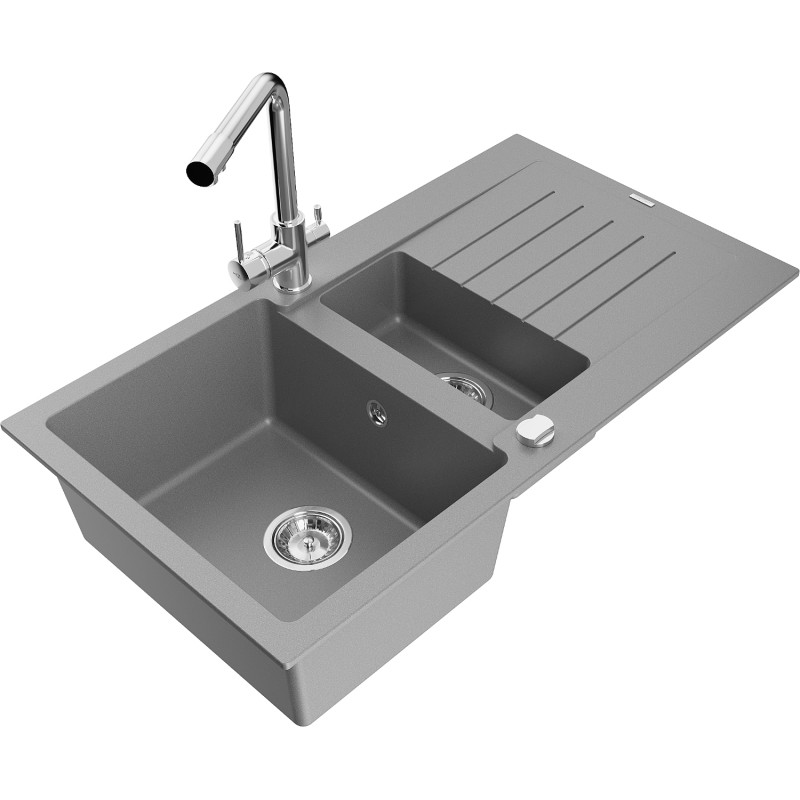 Mexen Matias granitspüle 1,5-becken mit abtropffläche und küchenarmatur Duero, grau - 6502-71-671600-00