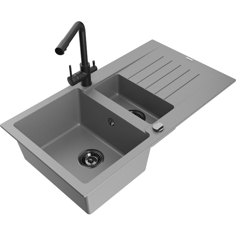Mexen Matias granitspüle 1,5-becken mit abtropffläche und küchenarmatur Duero, grau - 6502-71-671600-70-B