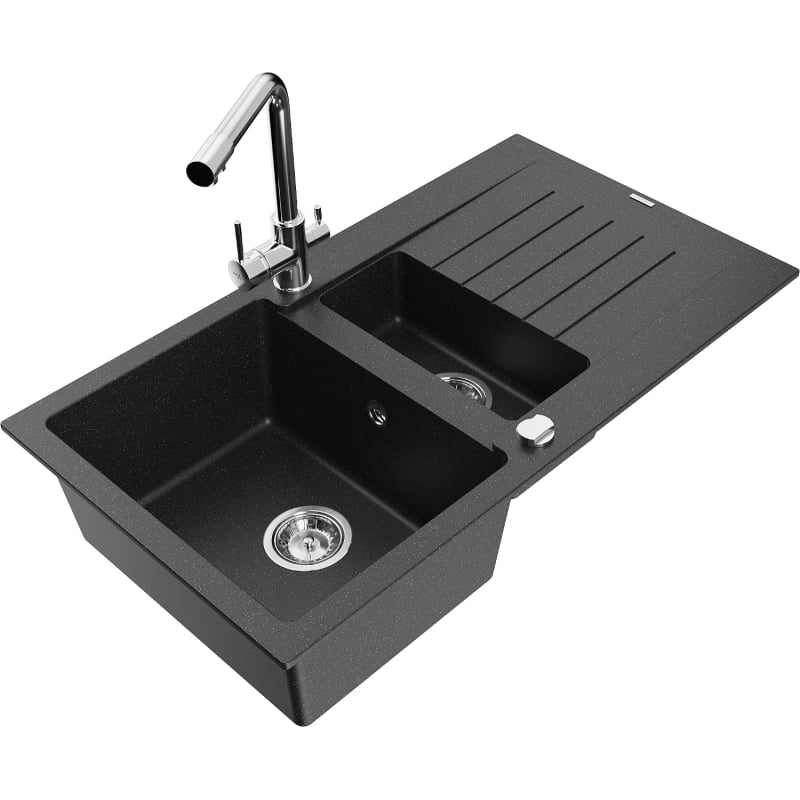 Mexen Matias Granitspüle 1,5-Kammer mit Abtropffläche und Küchenarmatur Duero, schwarz/silber Metallic - 6502-73-671600-00
