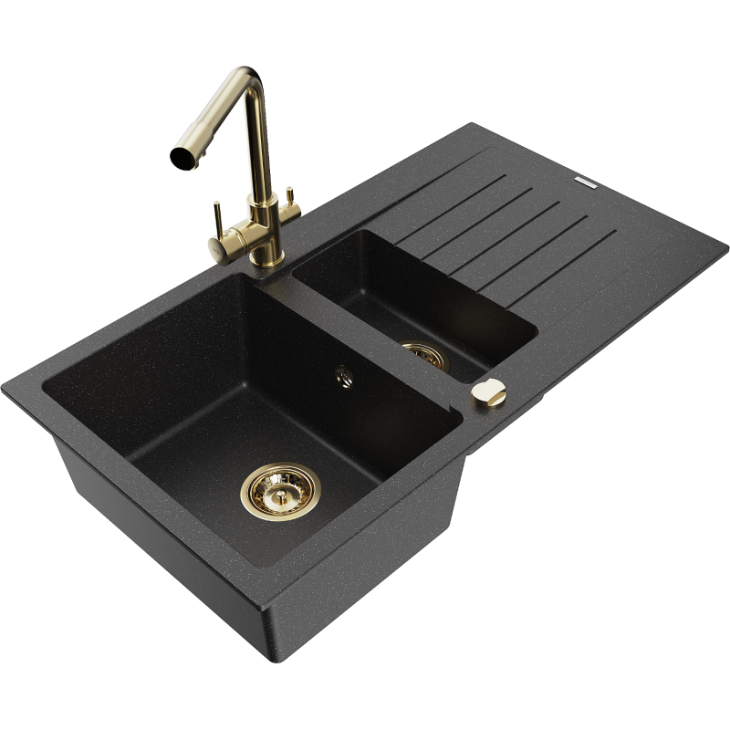 Mexen Matias Granitspüle 1,5-Becken mit Abtropffläche und Küchenarmatur Duero, schwarz/silber metallic- 6502-73-671600-50