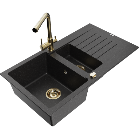 Mexen Matias Granitspüle 1,5-Becken mit Abtropffläche und Küchenarmatur Duero, schwarz/silber metallic- 6502-73-671600-50