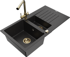 Mexen Matias Granitspüle 1,5-Becken mit Abtropffläche und Küchenarmatur Duero, schwarz/silber metallic- 6502-73-671600-50