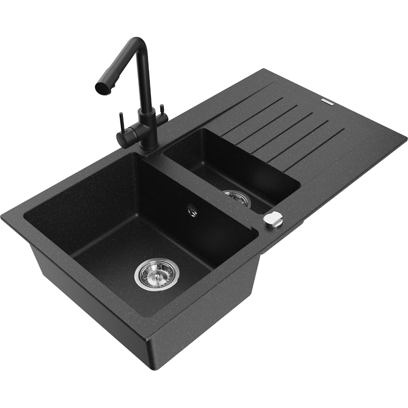Mexen Matias Granitspüle 1,5-Becken mit Abtropffläche und Küchenarmatur Duero, schwarz/silber metallisch- 6502-73-671600-70