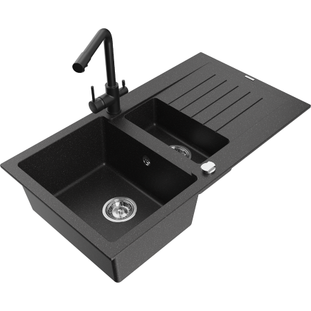Mexen Matias Granitspüle 1,5-Becken mit Abtropffläche und Küchenarmatur Duero, schwarz/silber metallisch- 6502-73-671600-70