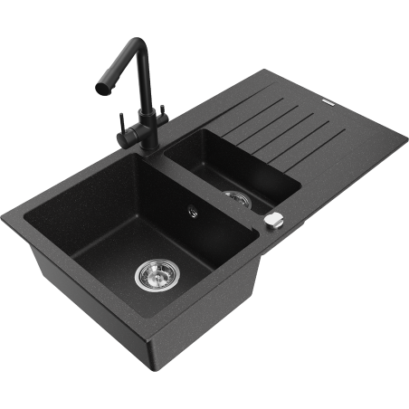 Mexen Matias Granitspüle 1,5-beckig mit Abtropffläche und Küchenarmatur Duero, schwarz/silber metallic - 6502-73-671600-70