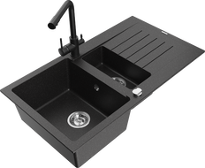 Mexen Matias Granitspüle 1,5-Becken mit Abtropffläche und Küchenarmatur Duero, schwarz/silber metallisch- 6502-73-671600-70