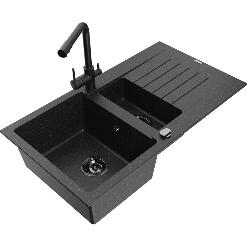 Mexen Matias Granitspüle 1,5-Becken mit Ablauf und Küchenarmatur Duero, schwarz/silber - 6502-73-671600-70-B
