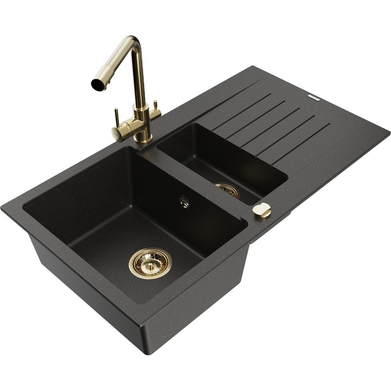 Mexen Matias Granitspüle 1,5-fach mit Abtropffläche und Küchenarmatur Duero, schwarz/goldener Metallic - 6502-75-671600-50