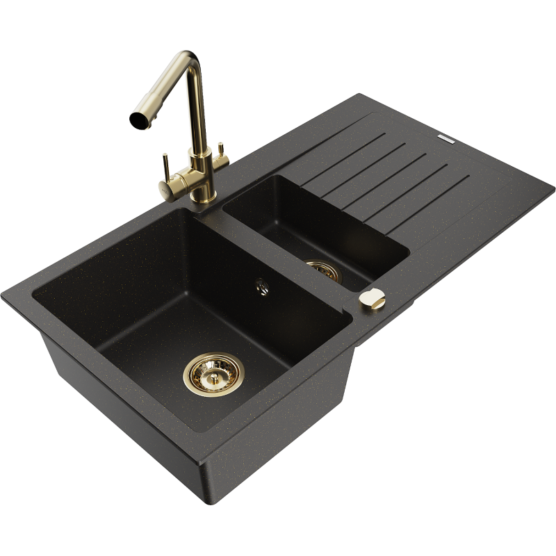 Mexen Matias Granitspüle 1,5-Kammer mit Abtropffläche und Küchenarmatur Duero, schwarz/gold metallic - 6502-75-671600-50