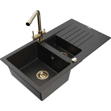 Mexen Matias Granitspüle 1,5-fach mit Abtropffläche und Küchenarmatur Duero, schwarz/goldener Metallic - 6502-75-671600-50