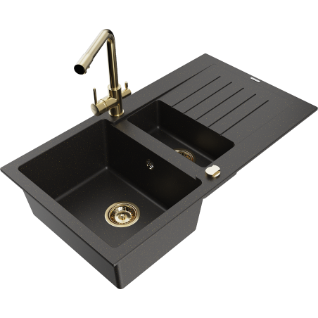 Mexen Matias Granitspüle 1,5-Kammer mit Abtropffläche und Küchenarmatur Duero, schwarz/gold metallic - 6502-75-671600-50